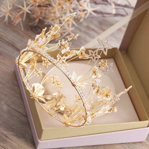 Piękne Gwiazda Rhinestone Złote Tiara 2019 Ozdoby Do Włosów Ślubne Metal Frezowanie Kryształ Perła Akcesoria