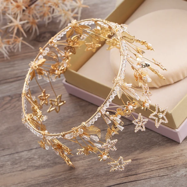 Piękne Gwiazda Rhinestone Złote Tiara 2019 Ozdoby Do Włosów Ślubne Metal Frezowanie Kryształ Perła Akcesoria