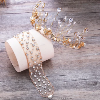 Chic Beautiful Gold Tiara Earrings Necklace Bridal Jewelry 2019 Metal Crystal Pearl Rhinestone Wedding Accessories