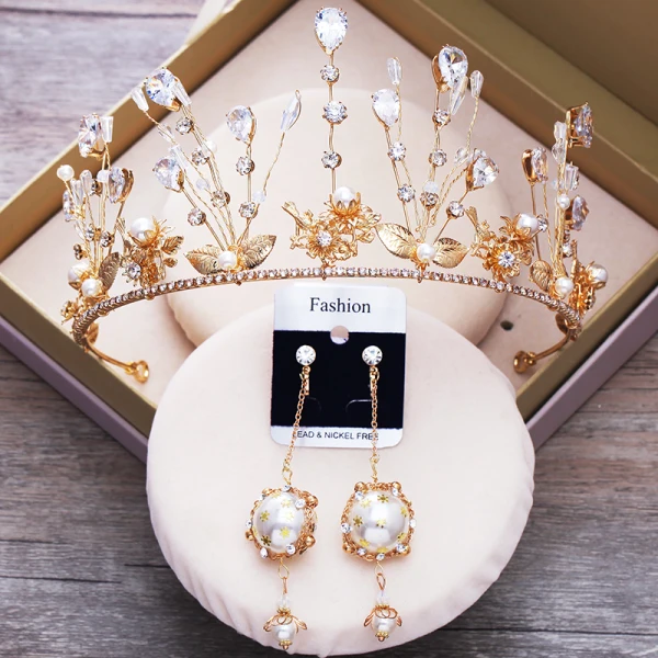 Chic / Beautiful Gold Tiara Earrings Necklace Bridal Jewelry 2019 Metal Crystal Pearl Rhinestone Wedding Accessories