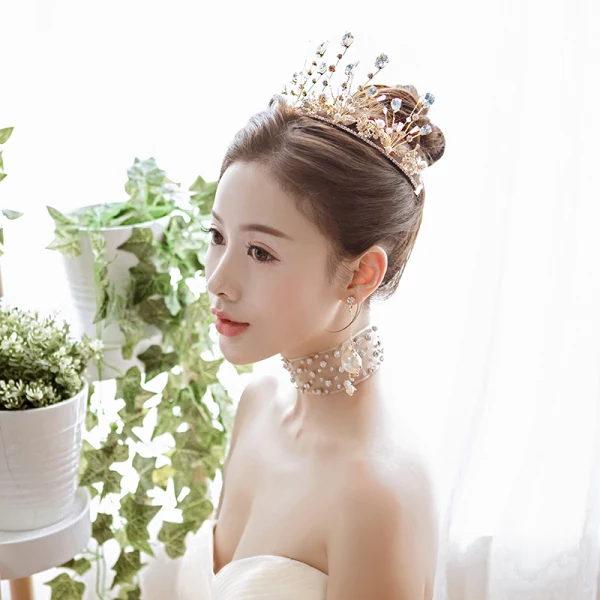 Chic / Beautiful Gold Tiara Earrings Necklace Bridal Jewelry 2019 Metal Crystal Pearl Rhinestone Wedding Accessories