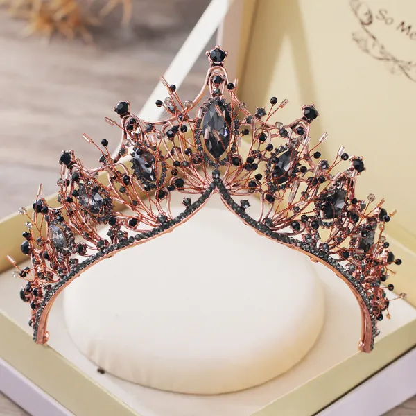 Vintage / Retro Baroque Black Tiara Bridal Hair Accessories 2019 Metal Beading Rhinestone Wedding Accessories