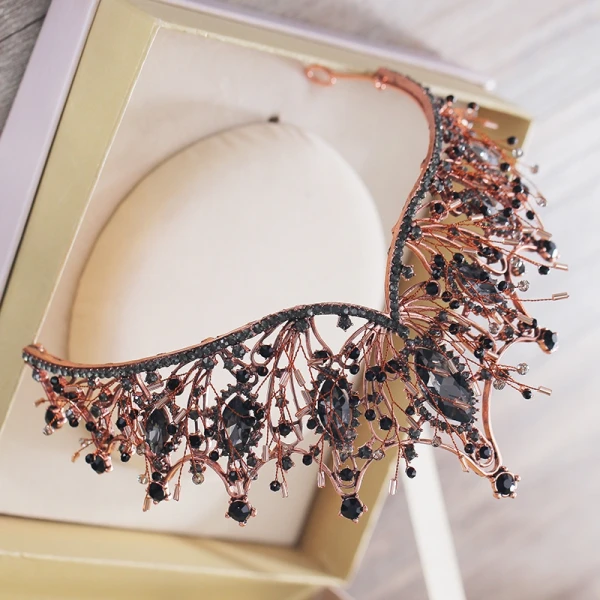 Vintage Barokk Svart Tiara Har Tilbehor 2019 Metall Beading Rhinestone Bryllup Tilbehør