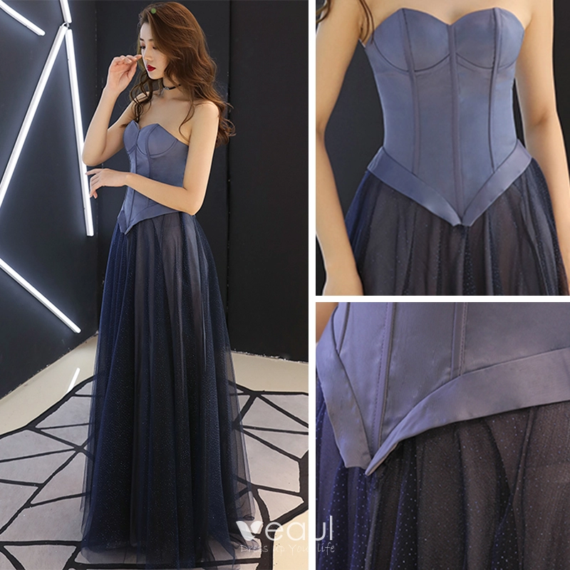 Veaul Elegant Navy Blue Corset Prom Dresses 2019 A Line Princess Sweetheart Sleeveless Glitter