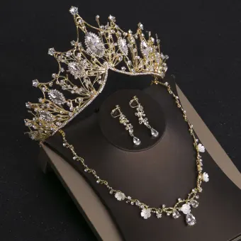 Snygga Fina Guld Tiara Örhängen Halsband Brudsmycken 2019 Metall Rhinestone Beading Bröllop Tillbehör