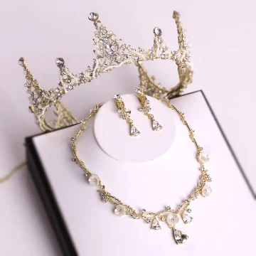 Chic Beautiful Gold Tiara Necklace Earrings Bridal Jewelry 2019 Metal Beading Crystal Rhinestone Wedding Accessories
