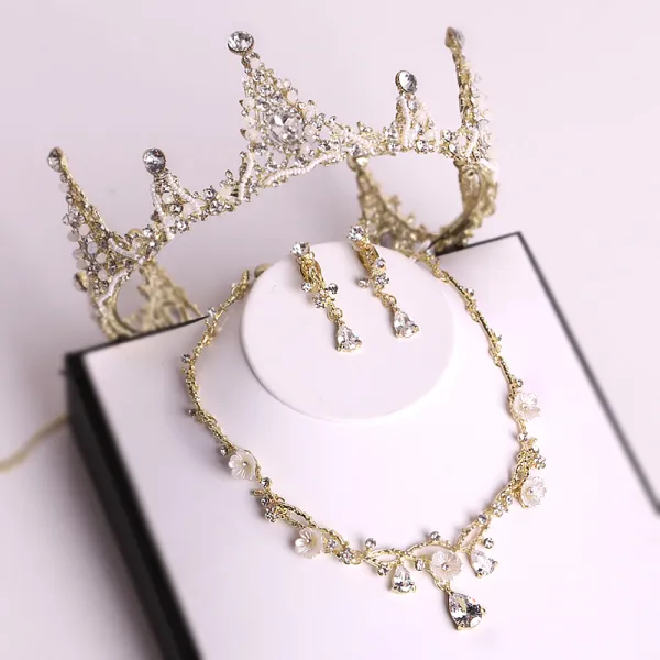 Chic / Beautiful Gold Tiara Necklace Earrings Bridal Jewelry 2019 Metal Beading Crystal Rhinestone Wedding Accessories