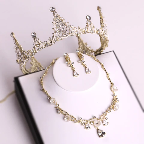 Hermoso Oro Tiara Collares Pendientes Joyas 2019 Metal Rebordear Crystal Rhinestone Boda Accesorios