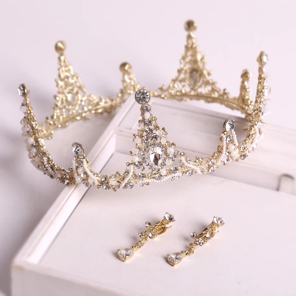 Fine Gull Tiara Halskjede Øredobber Brudesmykker 2019 Metall Beading Krystall Rhinestone Bryllup Tilbehør