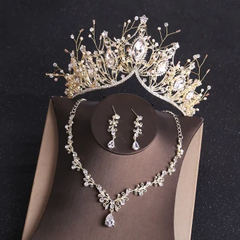 Luxury Gorgeous Gold Tiara Earrings Necklace Bridal Jewelry 2019 Metal Rhinestone Beading Wedding Accessories