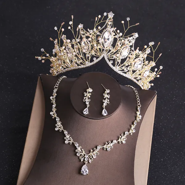 Luxury / Gorgeous Gold Tiara Earrings Necklace Bridal Jewelry 2019 Metal Rhinestone Beading Wedding Accessories