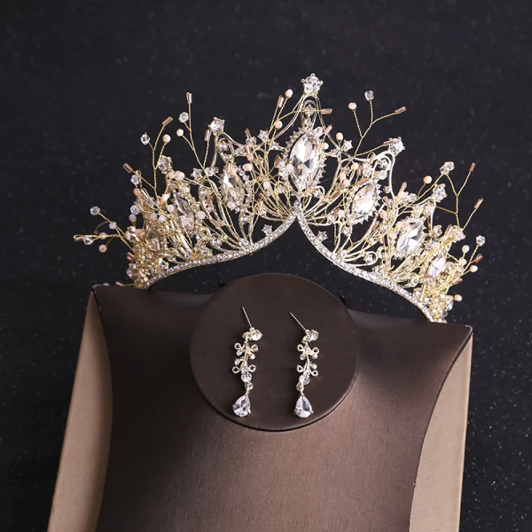 Luxury / Gorgeous Gold Tiara Earrings Necklace Bridal Jewelry 2019 Metal Rhinestone Beading Wedding Accessories