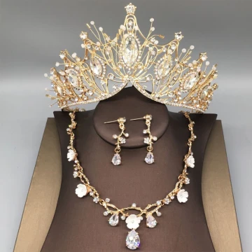 Chic Beautiful Gold Tiara Necklace Earrings Bridal Jewelry 2019 Metal Beading Rhinestone Wedding Accessories