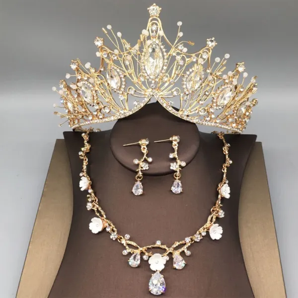 Mooie / Prachtige Goud Tiara Nek Ketting Oorbellen Bruidssieraden 2019 Metaal Kralen Rhinestone Huwelijk Accessoires