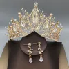 Schöne Gold Tiara Halskette Ohrringe Brautschmuck 2019 Metall Perlenstickerei Strass Hochzeit Brautaccessoires