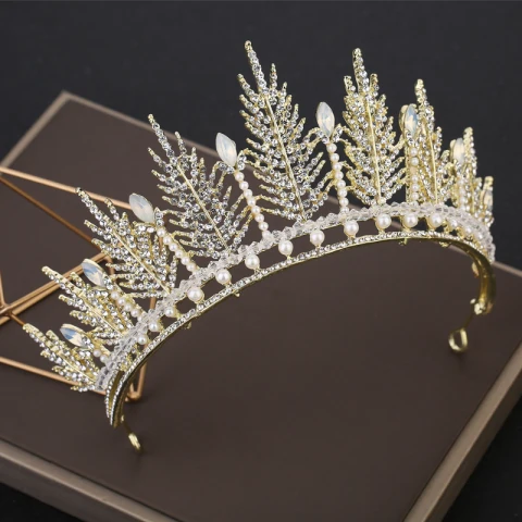Erschwinglich Gold Diadem Haarschmuck Braut  2019 Metall Perlenstickerei Kristall Perle Strass Hochzeit Brautaccessoires