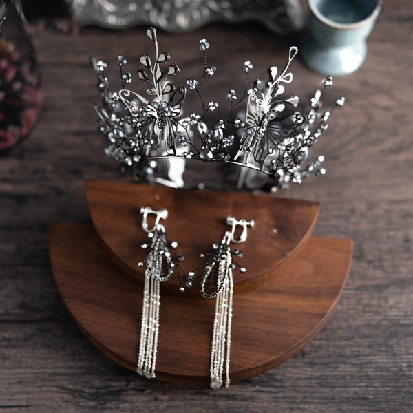 Vintage / Retro Baroque Black Bridal Jewelry 2019 Metal Butterfly Tiara Headpieces Tassel Earrings Beading Accessories