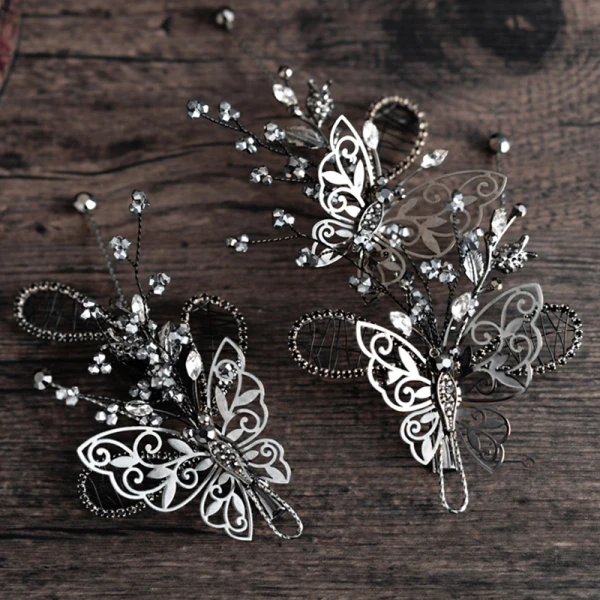 Vintage / Retro Baroque Black Bridal Jewelry 2019 Metal Butterfly Tiara Headpieces Tassel Earrings Beading Accessories