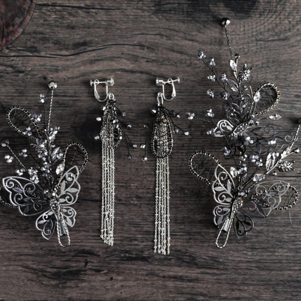 Vintage / Retro Baroque Black Bridal Jewelry 2019 Metal Butterfly Tiara Headpieces Tassel Earrings Beading Accessories