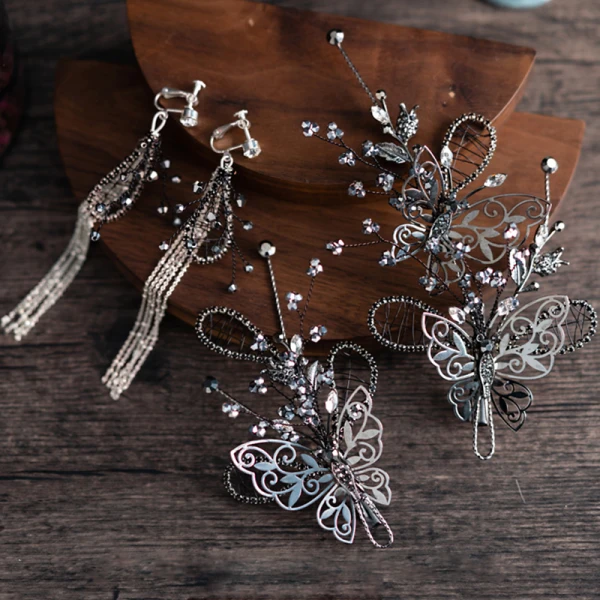 Vintage / Retro Baroque Black Bridal Jewelry 2019 Metal Butterfly Tiara Headpieces Tassel Earrings Beading Accessories