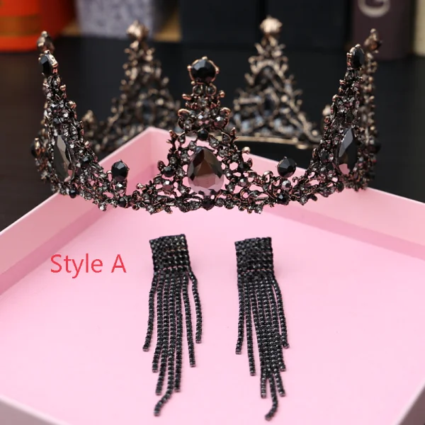 Vintage Barokowy Czarne Biżuteria Ślubna 2019 Metal Tiara Kutas Kolczyki Rhinestone Ślub Akcesoria