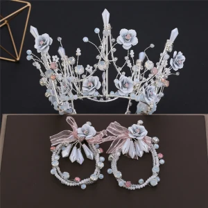 Bloemenfee Zilveren Bruidssieraden 2019 Metaal Bloem Kralen Rhinestone Tiara Oorbellen Huwelijk Accessoires