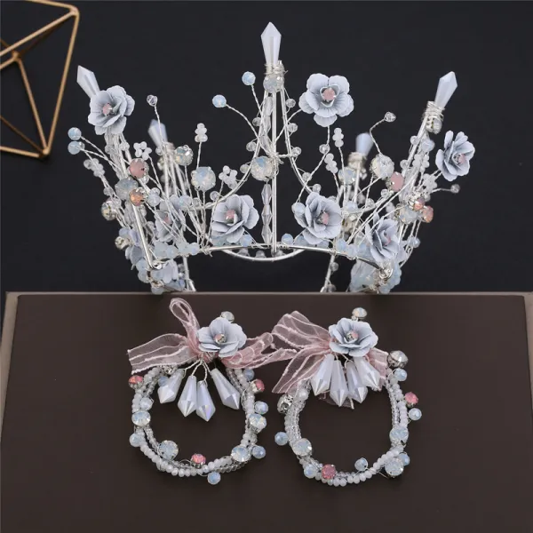 Flower Fairy Silver Bridal Jewelry 2019 Metal Flower Beading Rhinestone Tiara Earrings Wedding Accessories