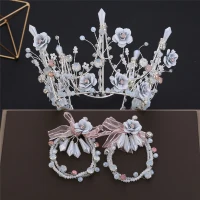 Hada de las flores Plata Joyas 2019 Metal Flor Rebordear Rhinestone Tiara Pendientes Boda Accesorios