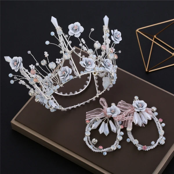 Flower Fairy Silver Bridal Jewelry 2019 Metal Flower Beading Rhinestone Tiara Earrings Wedding Accessories