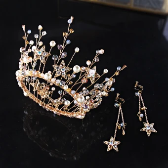 Chic Beautiful Gold Bridal Jewelry 2019 Metal Tiara Earrings Star Crystal Pearl Accessories