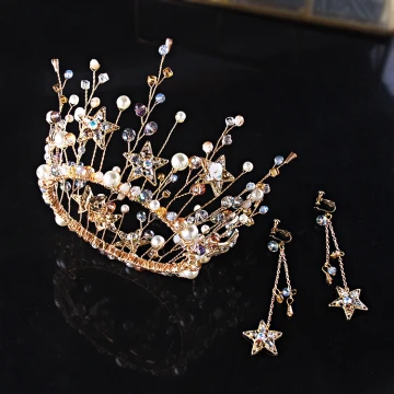 Chic Beautiful Gold Bridal Jewelry 2019 Metal Tiara Earrings Star Crystal Pearl Accessories