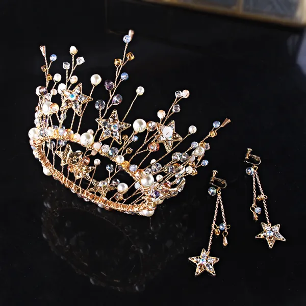 Chic / Beautiful Gold Bridal Jewelry 2019 Metal Tiara Earrings Star Crystal Pearl Accessories