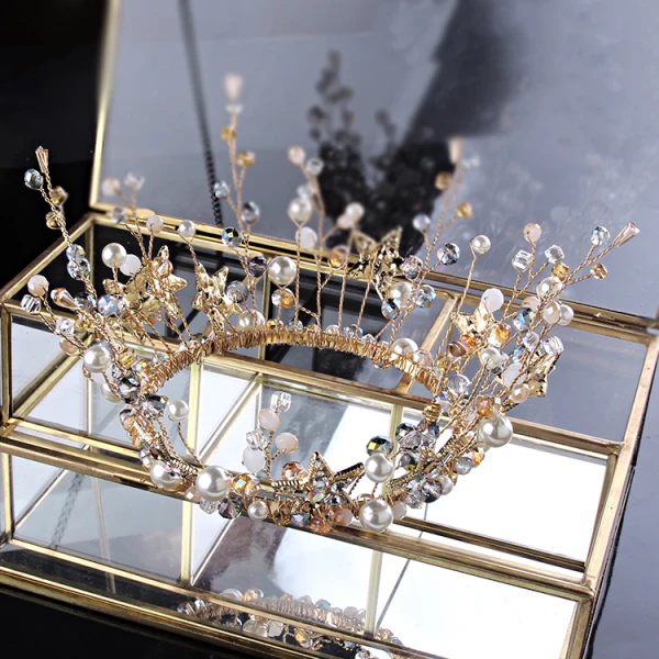 Chic / Beautiful Gold Bridal Jewelry 2019 Metal Tiara Earrings Star Crystal Pearl Accessories
