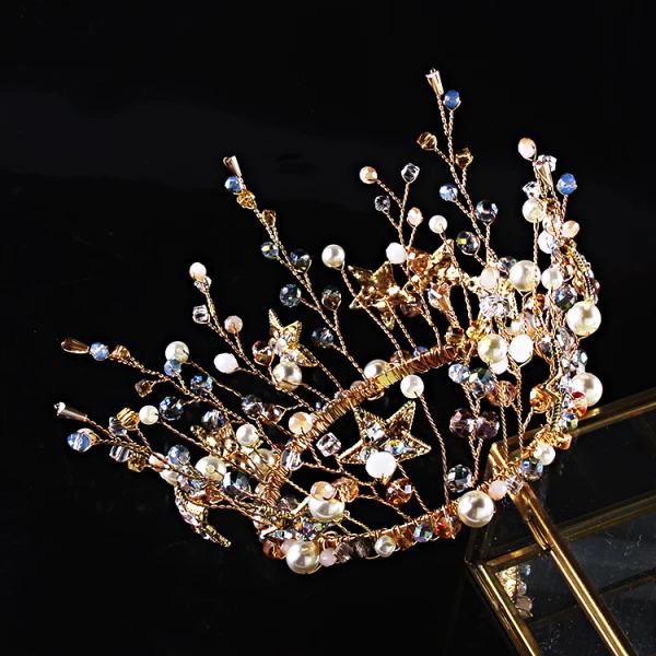 Chic / Beautiful Gold Bridal Jewelry 2019 Metal Tiara Earrings Star Crystal Pearl Accessories