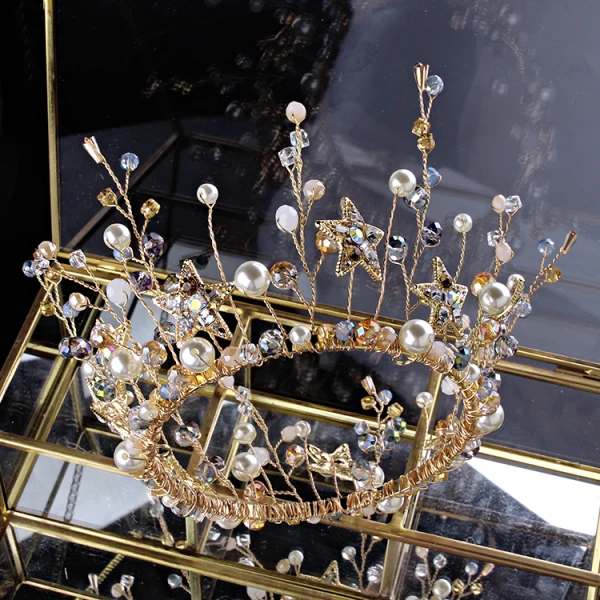 Chic / Beautiful Gold Bridal Jewelry 2019 Metal Tiara Earrings Star Crystal Pearl Accessories