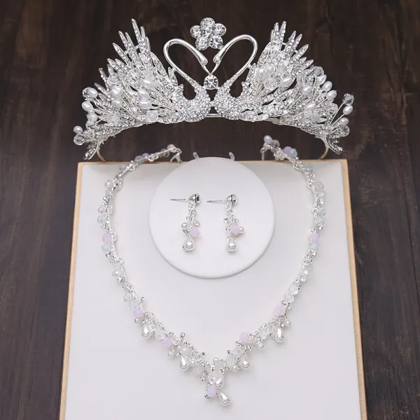Amazing / Unique Gold Bridal Jewelry 2019 Metal Tiara Necklace Tassel Earrings Crystal Pearl Rhinestone Wedding Accessories