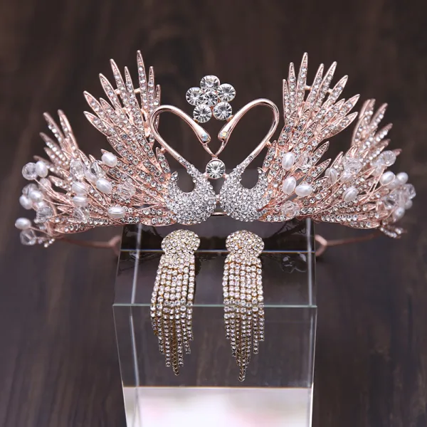 Amazing / Unique Gold Bridal Jewelry 2019 Metal Tiara Necklace Tassel Earrings Crystal Pearl Rhinestone Wedding Accessories