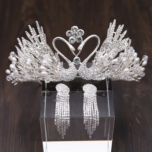 Amazing / Unique Gold Bridal Jewelry 2019 Metal Tiara Necklace Tassel Earrings Crystal Pearl Rhinestone Wedding Accessories