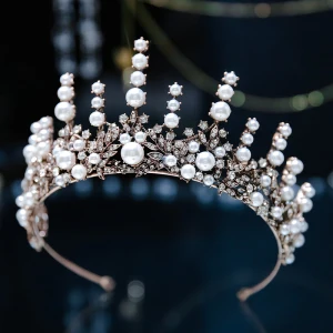 Vintage Barokowy Brązowy Ozdoby Do Włosów Ślubne 2019 Metal Tiara Perła Rhinestone Ślub Akcesoria