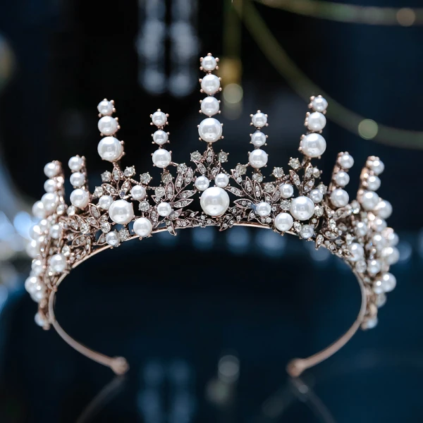 Vintage / Retro Baroque Bronze Bridal Hair Accessories 2019 Metal Tiara Pearl Rhinestone Wedding Accessories