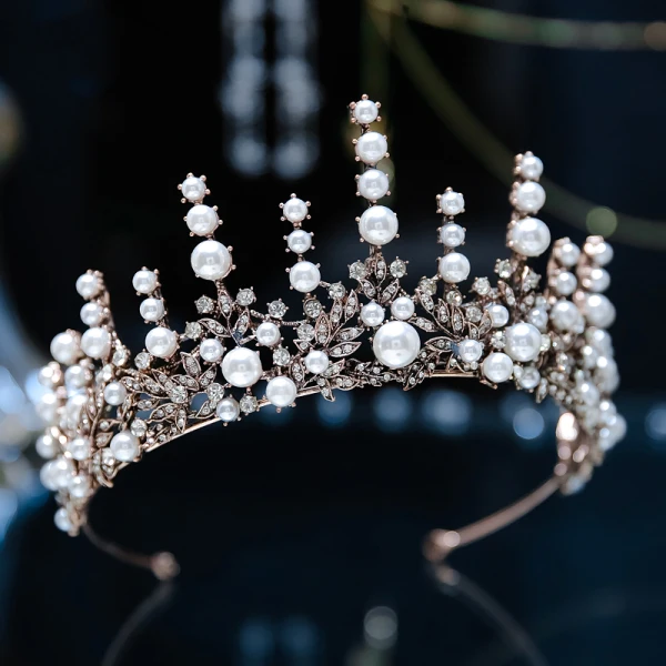 Vintage / Retro Baroque Bronze Bridal Hair Accessories 2019 Metal Tiara Pearl Rhinestone Wedding Accessories