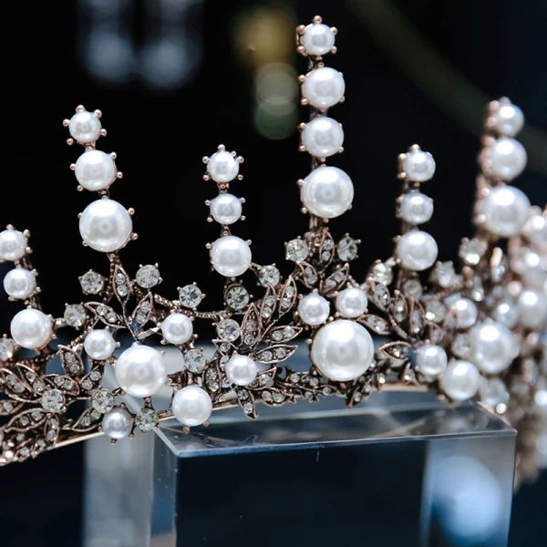 Vintage / Retro Baroque Bronze Bridal Hair Accessories 2019 Metal Tiara Pearl Rhinestone Wedding Accessories