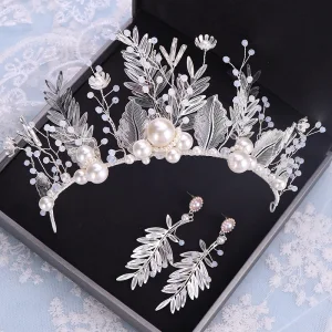 Amazing Unique Silver Bridal Jewelry 2019 Metal Crystal Pearl Leaf Tiara Earrings Wedding Accessories