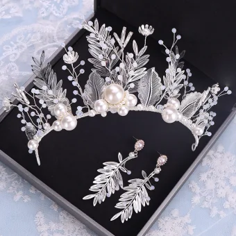 Amazing Unique Silver Bridal Jewelry 2019 Metal Crystal Pearl Leaf Tiara Earrings Wedding Accessories