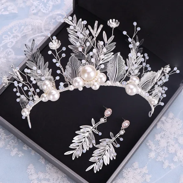 Amazing / Unique Silver Bridal Jewelry 2019 Metal Crystal Pearl Leaf Tiara Earrings Wedding Accessories