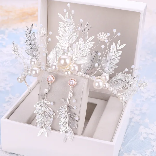 Amazing / Unique Silver Bridal Jewelry 2019 Metal Crystal Pearl Leaf Tiara Earrings Wedding Accessories