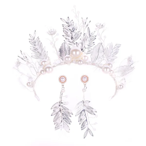 Amazing / Unique Silver Bridal Jewelry 2019 Metal Crystal Pearl Leaf Tiara Earrings Wedding Accessories