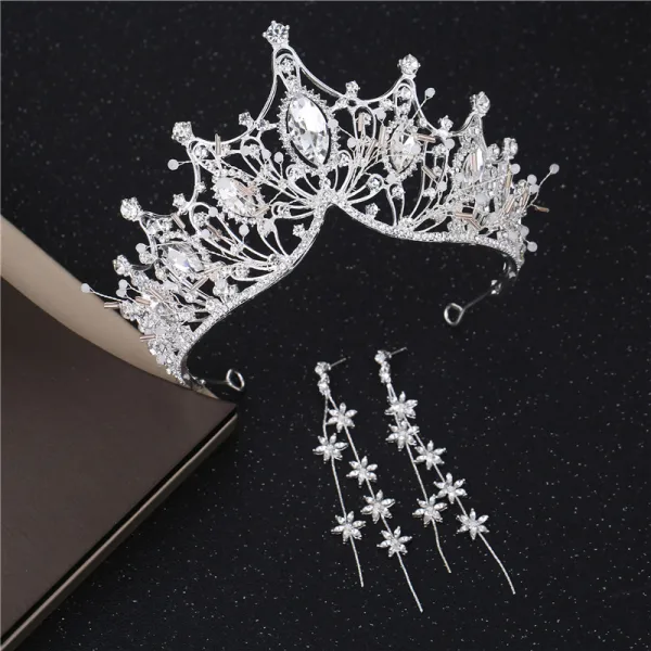 Chic / Beautiful Silver Bridal Jewelry 2019 Metal Rhinestone Beading Earrings Necklace Tiara Wedding Accessories