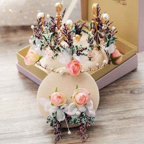 Blumenfee Gold Künstliche Blumen Brautschmuck 2019 Metall Kristall Perle Blumen Diadem Ohrringe Brautaccessoires