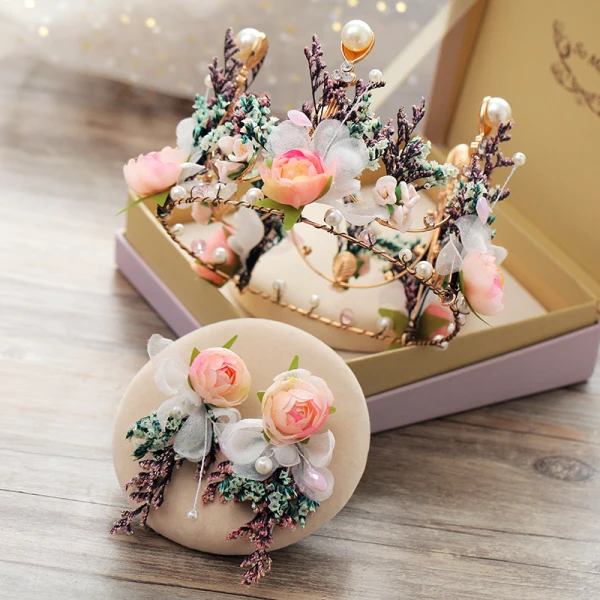 Flower Fairy Gold Artificial Flowers Bridal Jewelry 2019 Metal Crystal Pearl Flower Tiara Earrings Accessories